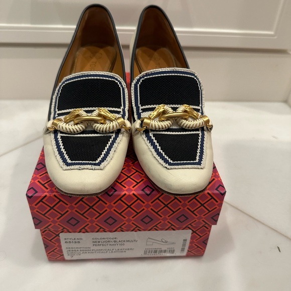 Tory Burch Black and White Heels with Gold Accents - Picture 1 of 5